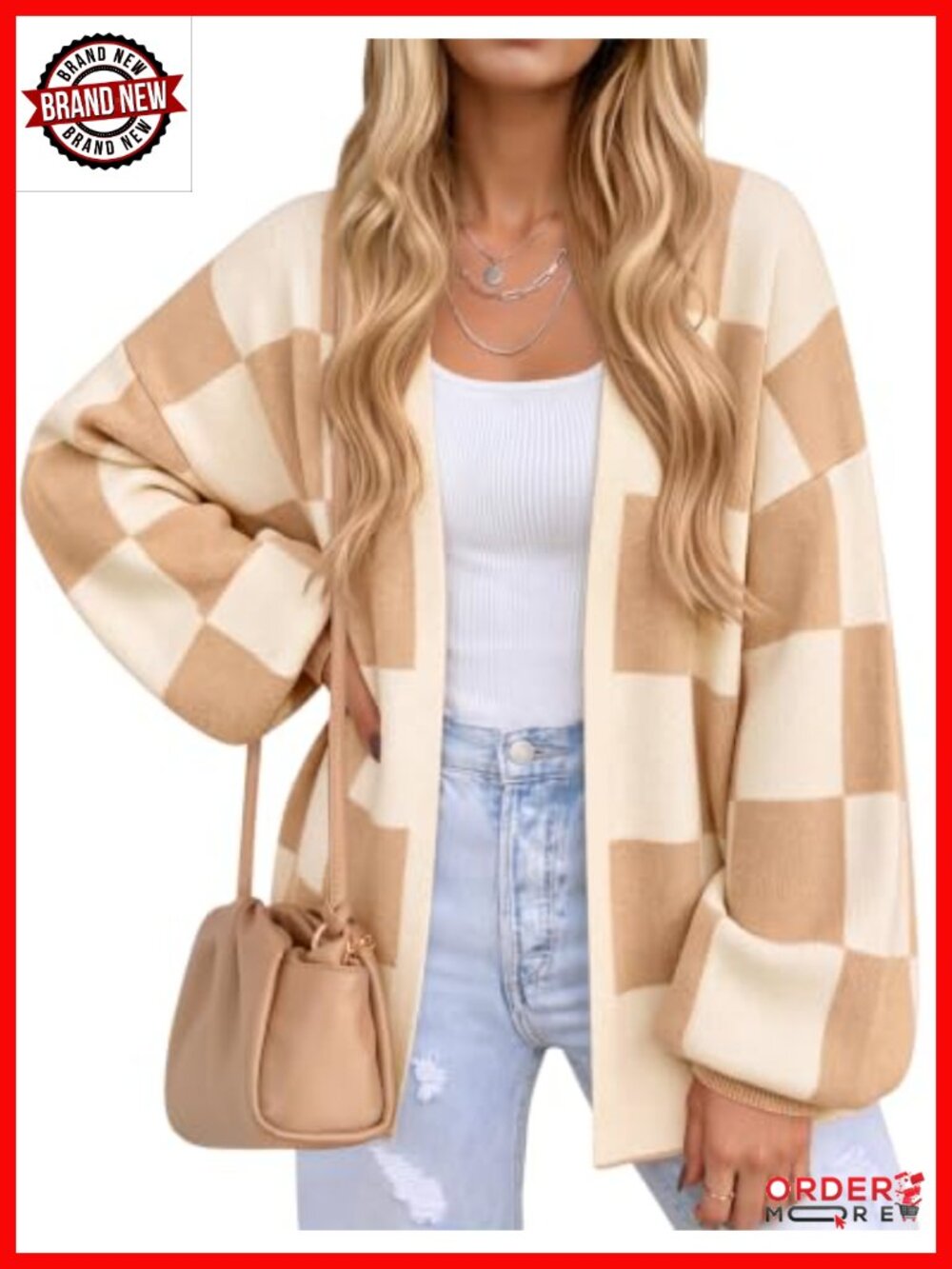Womens Oversized Open Front Cardigan Sweater Buffalo Plaid Knit Fall Winter